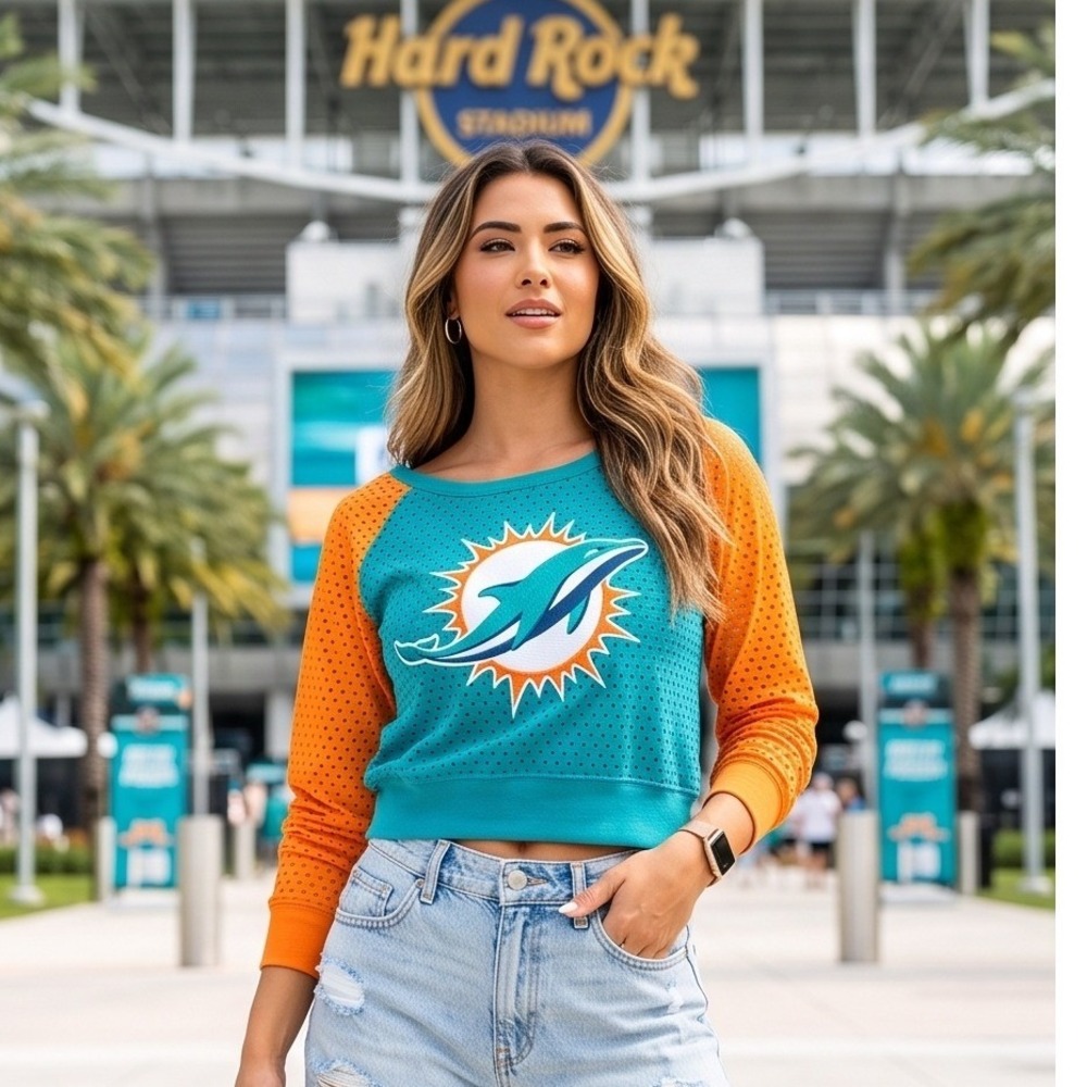 NFL Miami Dolphins Womens M Mesh Crop Top Long Sleeve Teal Orange Medium